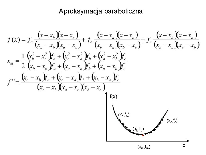 Aproksymacja paraboliczna f(x) (xa, fa) (xc, fc) (xb, fb) (xm, fm) x 