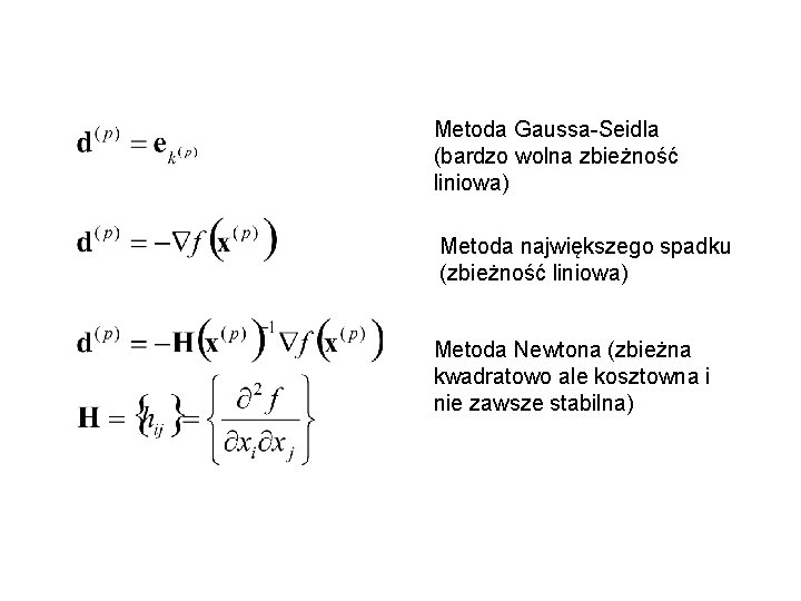 Metoda Gaussa-Seidla (bardzo wolna zbieżność liniowa) Metoda największego spadku (zbieżność liniowa) Metoda Newtona (zbieżna