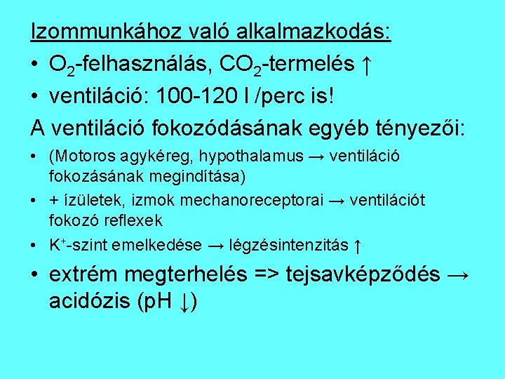 Izommunkához való alkalmazkodás: • O 2 -felhasználás, CO 2 -termelés ↑ • ventiláció: 100