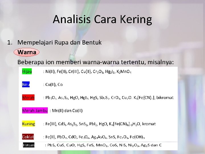 Analisis Cara Kering 1. Mempelajari Rupa dan Bentuk Warna Beberapa ion memberi warna-warna tertentu,