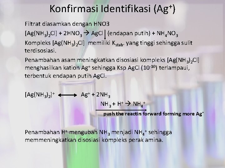 Konfirmasi Identifikasi (Ag+) Filtrat diasamkan dengan HNO 3 [Ag(NH 3)2 Cl] + 2 HNO