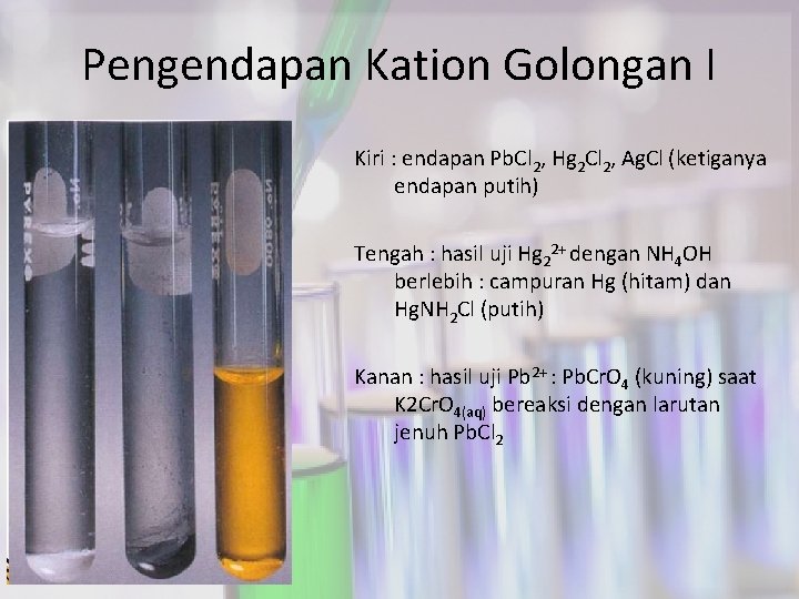 Pengendapan Kation Golongan I Kiri : endapan Pb. Cl 2, Hg 2 Cl 2,