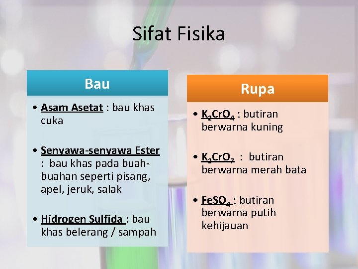 Sifat Fisika Bau • Asam Asetat : bau khas cuka • Senyawa-senyawa Ester :