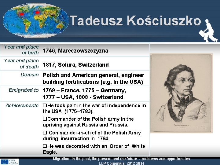 Tadeusz Kościuszko Year and place of birth 1746, Mareczowszczyzna Year and place of death