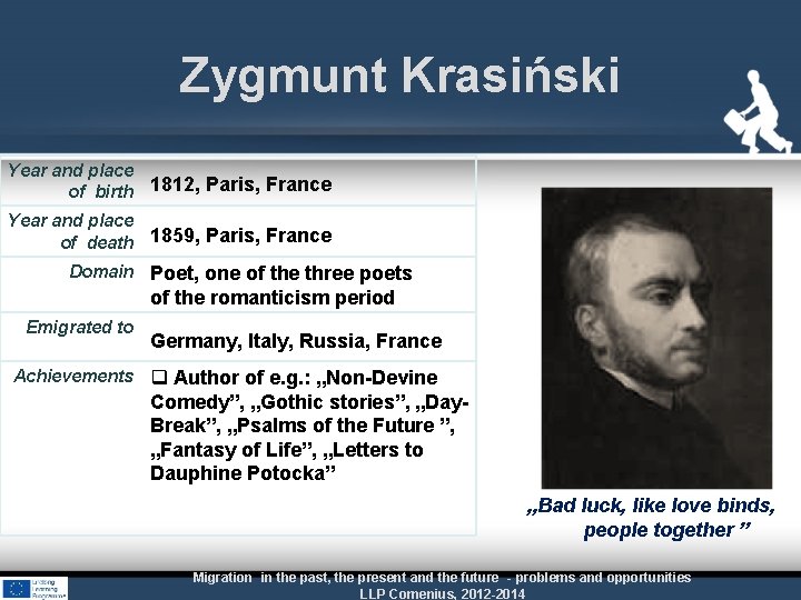 Zygmunt Krasiński Year and place of birth 1812, Paris, France Year and place of