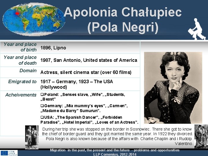 Apolonia Chałupiec (Pola Negri) Year and place of birth 1896, Lipno Year and place