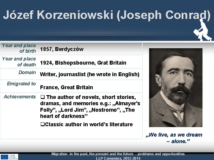 Józef Korzeniowski (Joseph Conrad) Year and place of birth 1857, Berdyczów Year and place