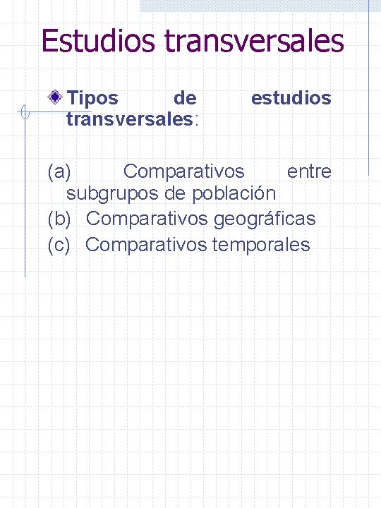 Estudios transversales Tipos de transversales: estudios (a) Comparativos entre subgrupos de población (b) Comparativos