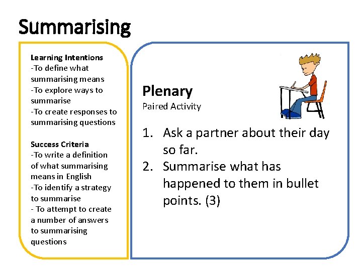 Summarising Learning Intentions -To define what summarising means -To explore ways to summarise -To
