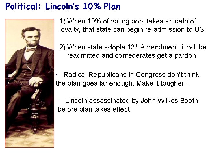 Political: Lincoln’s 10% Plan 1) When 10% of voting pop. takes an oath of