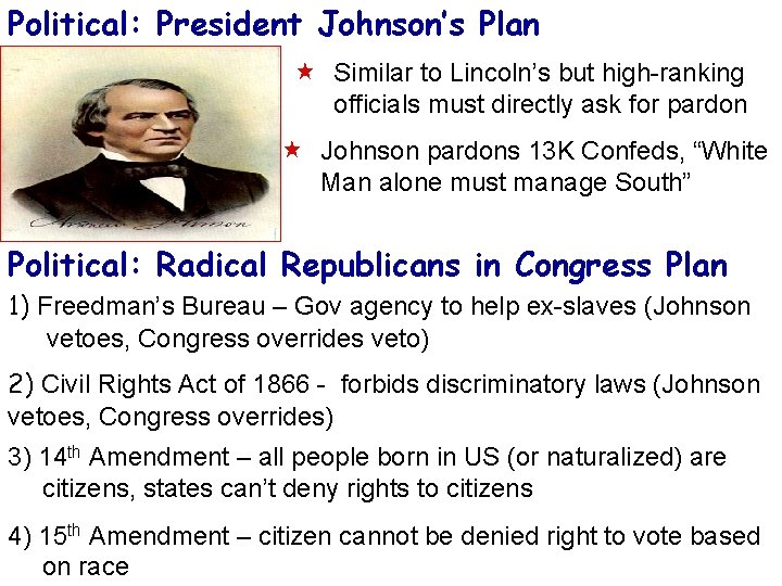 Political: President Johnson’s Plan « Similar to Lincoln’s but high-ranking officials must directly ask