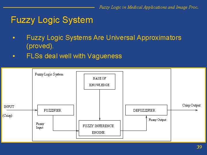 Fuzzy Logic in Medical Applications and Image Proc. Fuzzy Logic System • • Fuzzy
