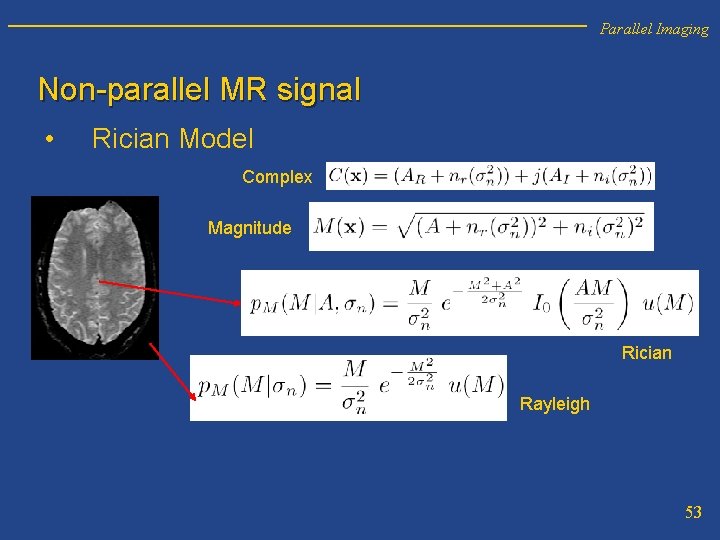 Parallel Imaging Non-parallel MR signal • Rician Model Complex Magnitude Rician Rayleigh 53 