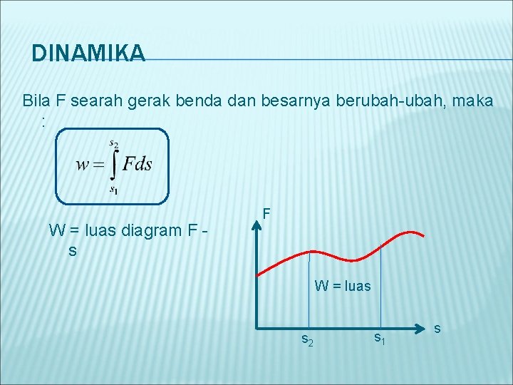 DINAMIKA Bila F searah gerak benda dan besarnya berubah-ubah, maka : W = luas