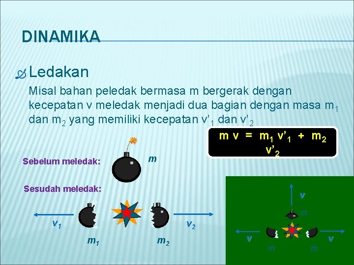 DINAMIKA Ledakan Misal bahan peledak bermasa m bergerak dengan kecepatan v meledak menjadi dua