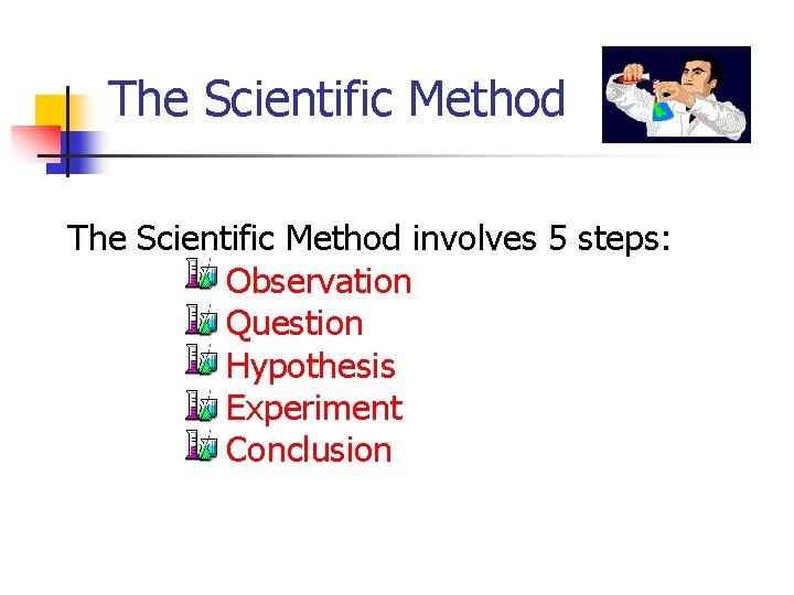 The Scientific Method involves 5 steps: Observation Question Hypothesis Experiment Conclusion 