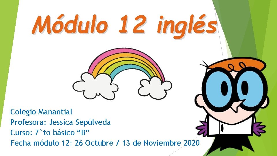 Módulo 12 inglés Colegio Manantial Profesora: Jessica Sepúlveda Curso: 7°to básico “B” Fecha módulo Módulo 12 inglés Colegio Manantial Profesora: Jessica Sepúlveda Curso: 7°to básico “B” Fecha módulo
