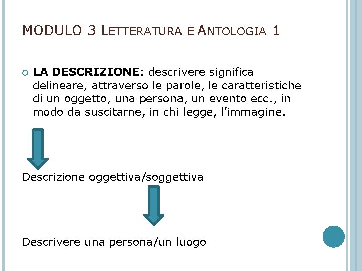 MODULO 3 LETTERATURA E ANTOLOGIA 1 LA DESCRIZIONE: descrivere significa delineare, attraverso le parole,