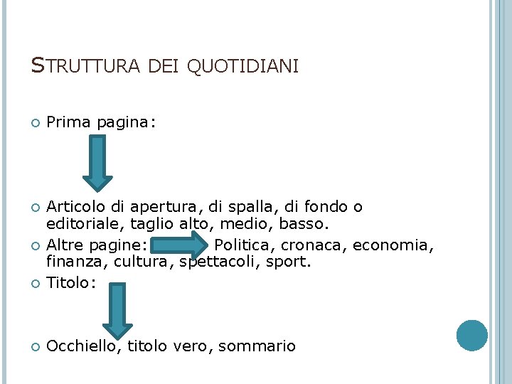 STRUTTURA DEI QUOTIDIANI Prima pagina: Articolo di apertura, di spalla, di fondo o editoriale,