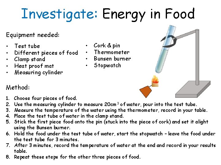 Investigate: Energy in Food Equipment needed: • • • Test tube Different pieces of Investigate: Energy in Food Equipment needed: • • • Test tube Different pieces of