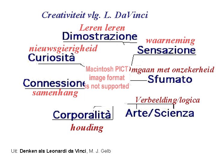 Creativiteit vlg. L. Da. Vinci Leren leren waarneming nieuwsgierigheid Omgaan met onzekerheid samenhang houding