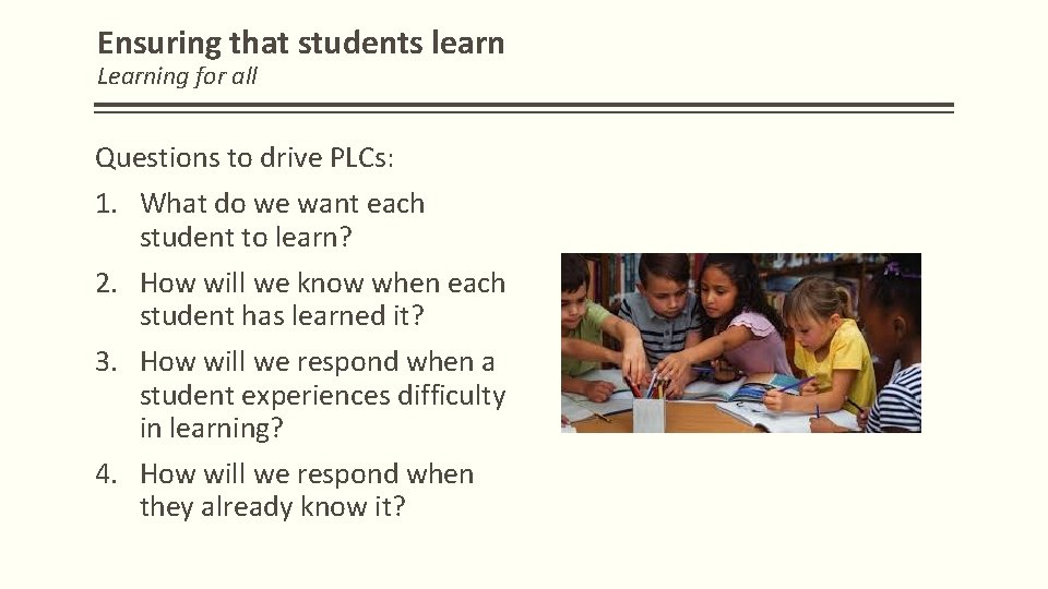 Ensuring that students learn Learning for all Questions to drive PLCs: 1. What do