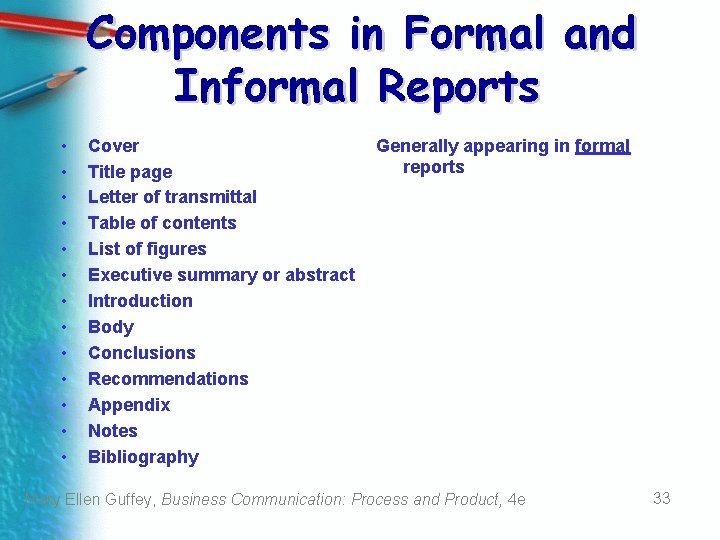 Components in Formal and Informal Reports • • • • Cover Title page Letter Components in Formal and Informal Reports • • • • Cover Title page Letter