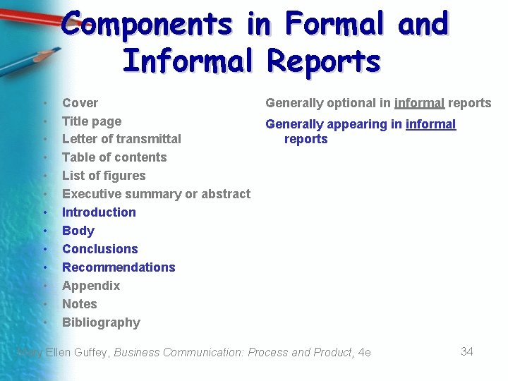 Components in Formal and Informal Reports • • • • Cover Title page Letter Components in Formal and Informal Reports • • • • Cover Title page Letter