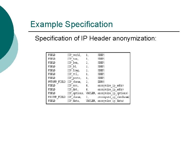 Example Specification of IP Header anonymization: 