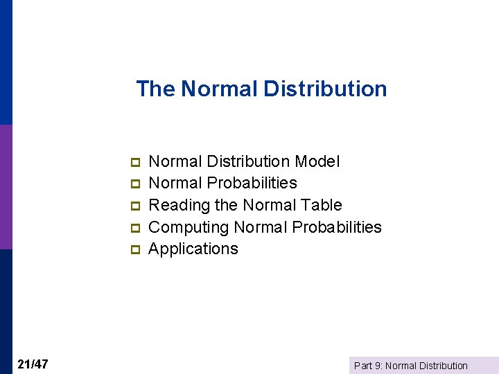 The Normal Distribution p p p 21/47 Normal Distribution Model Normal Probabilities Reading the