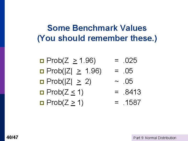 Some Benchmark Values (You should remember these. ) Prob(Z > 1. 96) p Prob(|Z|