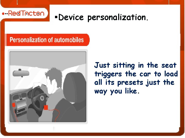 §Device personalization. Just sitting in the seat triggers the car to load all its