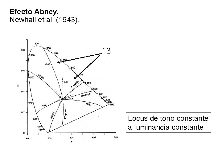 Efecto Abney. Newhall et al. (1943). b Locus de tono constante a luminancia constante