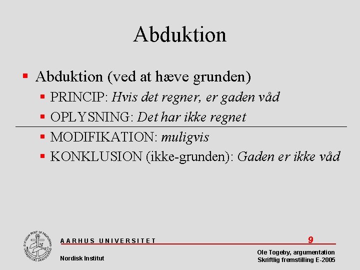 Abduktion (ved at hæve grunden) PRINCIP: Hvis det regner, er gaden våd OPLYSNING: Det