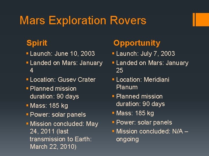 Mars Exploration Rovers Spirit Opportunity § Launch: June 10, 2003 § Landed on Mars: Mars Exploration Rovers Spirit Opportunity § Launch: June 10, 2003 § Landed on Mars: