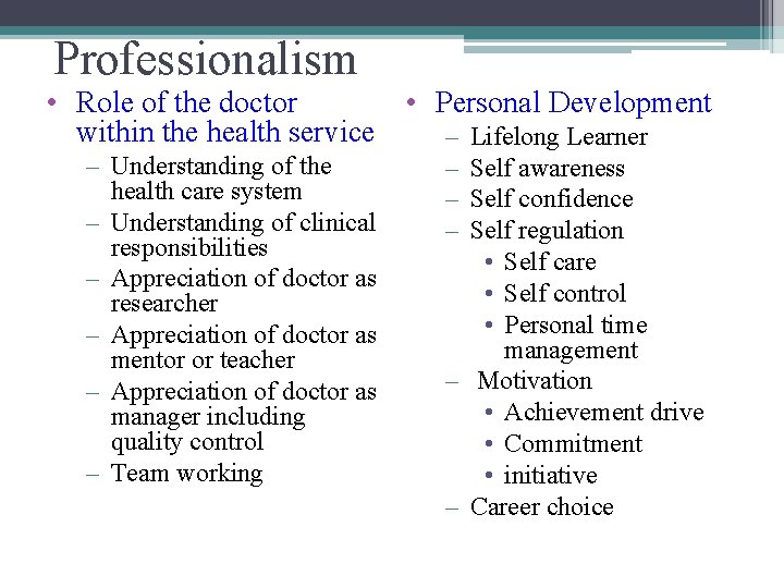 Professionalism • Role of the doctor within the health service – Understanding of the