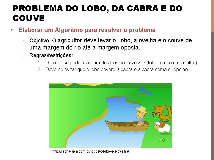 PROBLEMA DO LOBO, DA CABRA E DO COUVE • Elaborar um Algoritmo para resolver