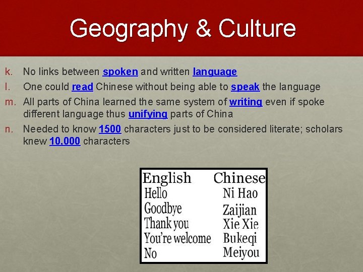 Geography & Culture k. No links between spoken and written language l. One could