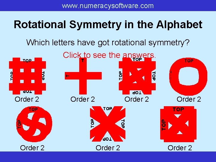 www. numeracysoftware. com Rotational Symmetry in the Alphabet Which letters have got rotational symmetry?