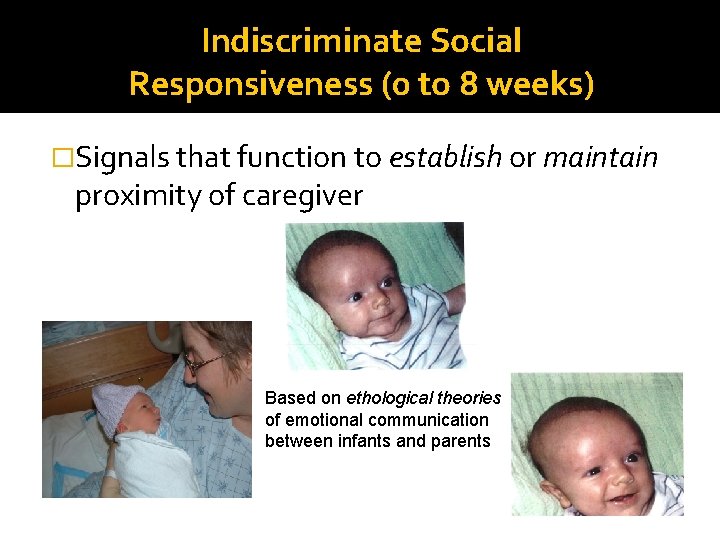 Indiscriminate Social Responsiveness (0 to 8 weeks) �Signals that function to establish or maintain