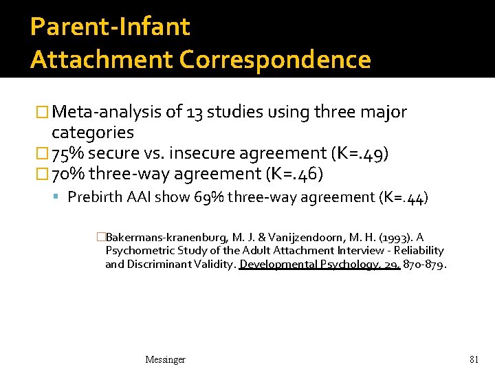 Parent-Infant Attachment Correspondence � Meta-analysis of 13 studies using three major categories � 75%