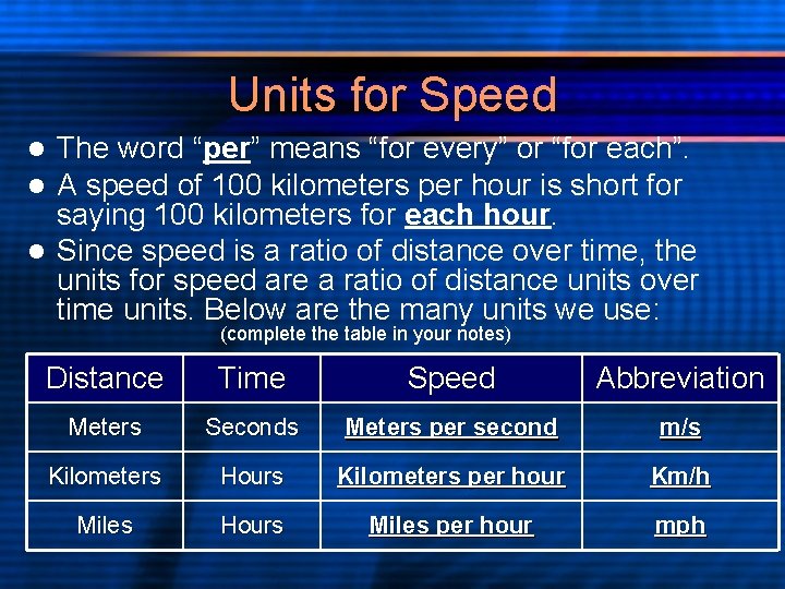 Units for Speed The word “per” means “for every” or “for each”. A speed