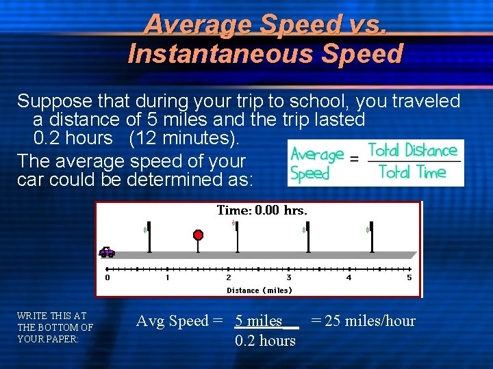 Average Speed vs. Instantaneous Speed Suppose that during your trip to school, you traveled