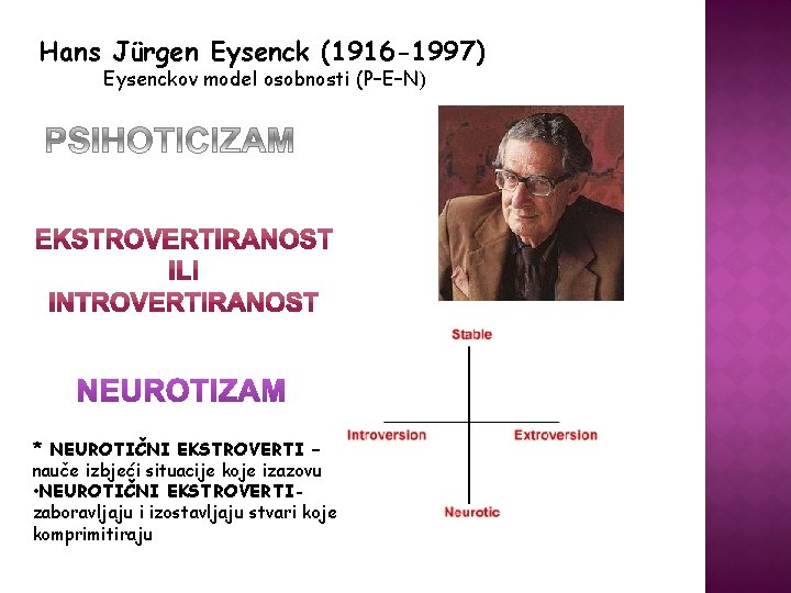 Hans Jürgen Eysenck (1916 -1997) Eysenckov model osobnosti (P–E–N) * NEUROTIČNI EKSTROVERTI – nauče