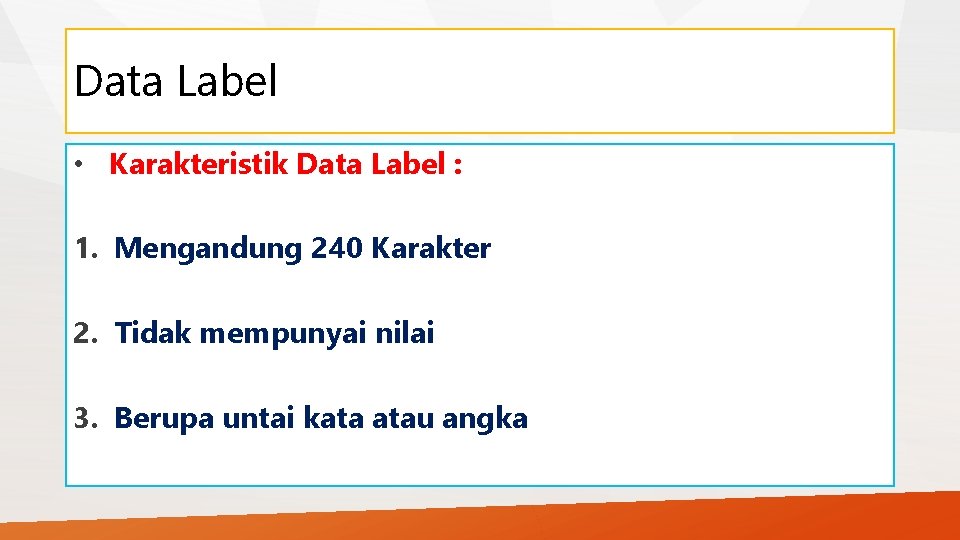 Data Label • Karakteristik Data Label : 1. Mengandung 240 Karakter 2. Tidak mempunyai
