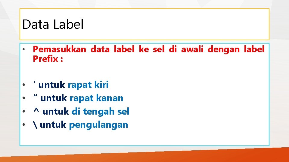 Data Label • Pemasukkan data label ke sel di awali dengan label Prefix :