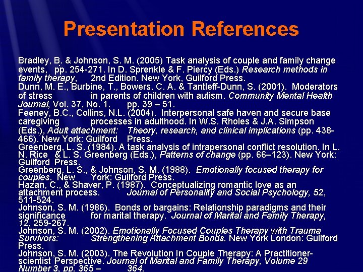 Presentation References Bradley, B. & Johnson, S. M. (2005) Task analysis of couple and