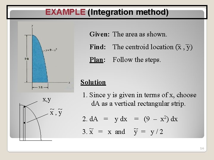 EXAMPLE (Integration method) Given: The area as shown. Find: The centroid location (x ,