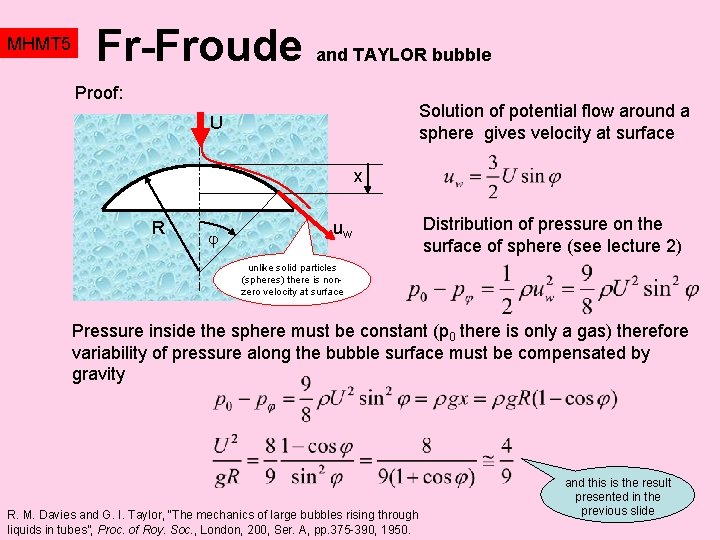 MHMT 5 Fr-Froude and TAYLOR bubble Proof: Solution of potential flow around a sphere