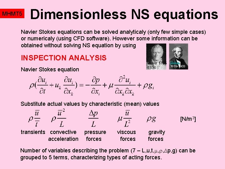 MHMT 5 Dimensionless NS equations Navier Stokes equations can be solved analyticaly (only few